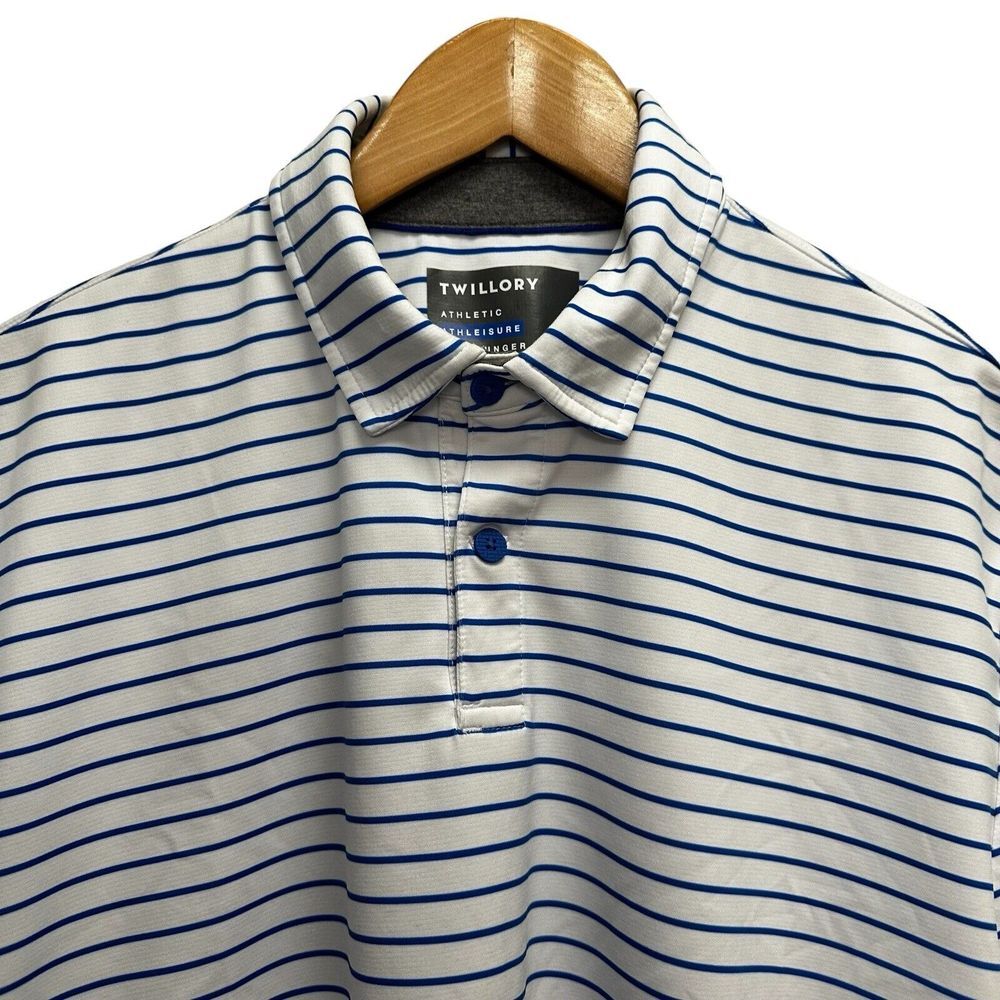 Twillory Mens Sz Large Athleisure Golf Polo Shirt White/Blue Striped Stretch euc